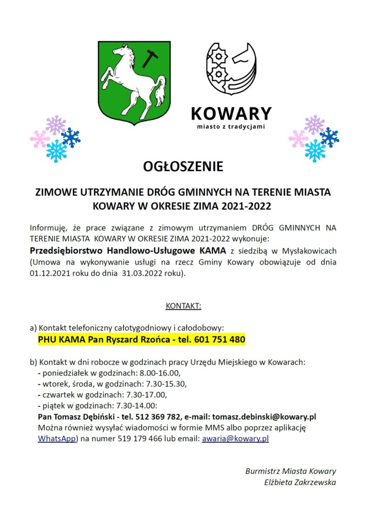 Ogłoszenie na temat utrzymania dróg gminnych na terenie miasta Kowary w okresie “Zima 2021-2022”